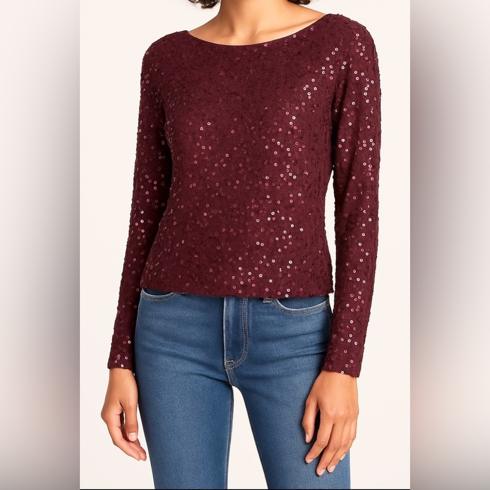 Alice + Olivia Silk‎ Sequin Long Sleeve Blouse Plum Purple Size XS